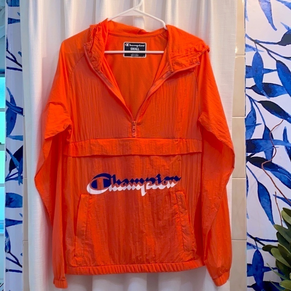 Women’s Orange Champion Large Logo Polyester Hooded Windbreaker Size Small